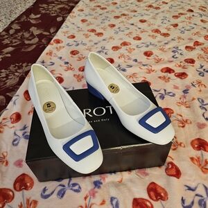 White Women's Square-Toe Flats with Blue Buckle Accent